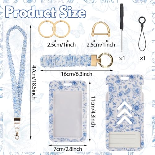 Nlicrst Scrunchie Lanyard Breakaway with ID Badge Holder - Chinoiserie Style Stretchy Lanyards with ID Badges Wristlet Keychain Key Rings Set for Birthday, Nurse Teachers Workers Women Gifts - Image 2
