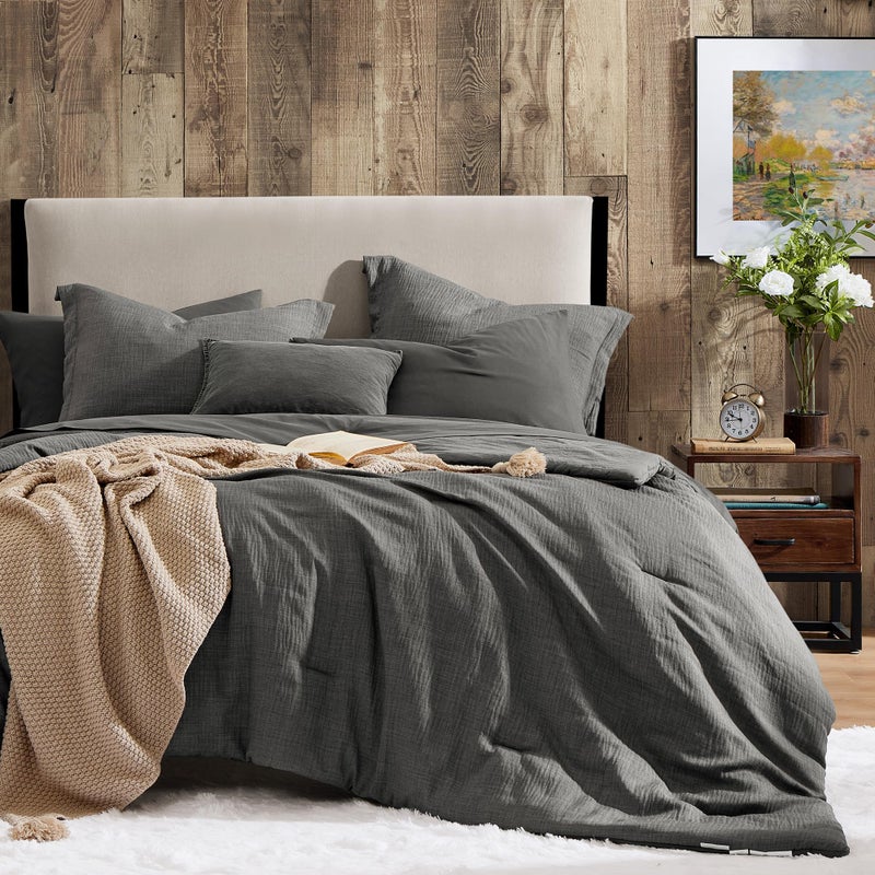 Geniospin King Size Comforter Set- 7 Piece Grey Textured King Bedding Set, Soft Solid Bed in a Bag for All Season, King Comforter Set with Sheets(Grey,102''x90'') - Image 1