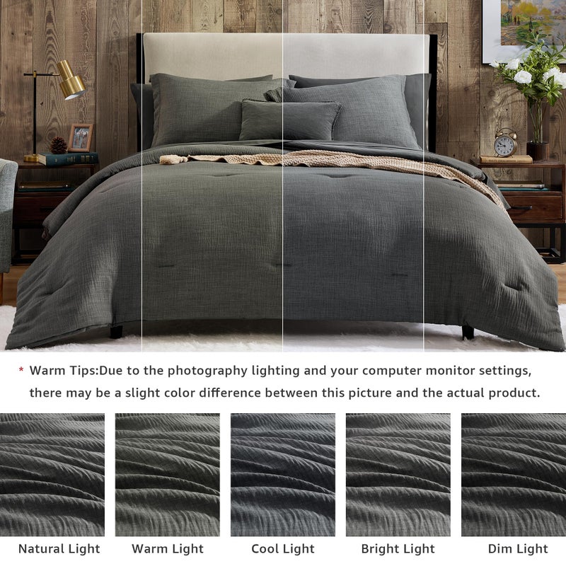 Geniospin King Size Comforter Set- 7 Piece Grey Textured King Bedding Set, Soft Solid Bed in a Bag for All Season, King Comforter Set with Sheets(Grey,102''x90'') - Image 3