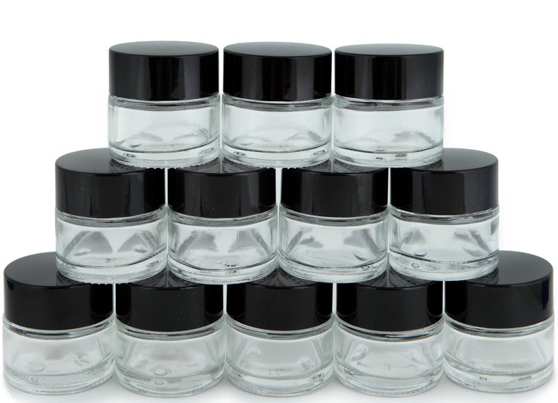 Vivaplex, 12, Clear, 1 oz, Round Glass Jars, with Inner Liners and black Lids - Image 1