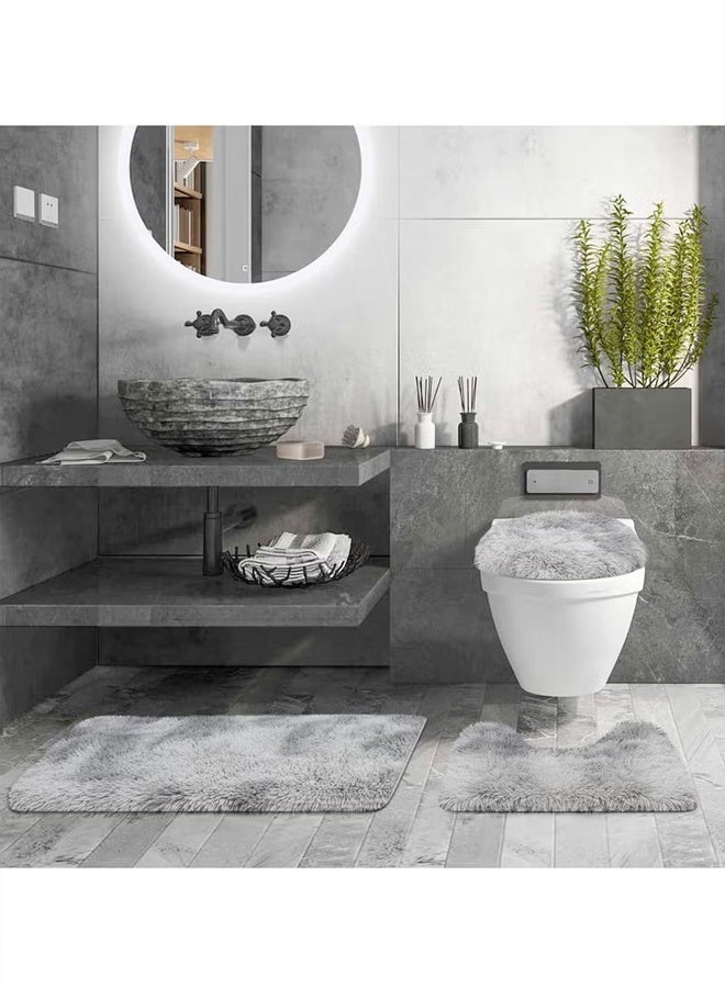 XiuWoo Bathroom Rugs Sets 3 Piece,U-Shaped Toilet Floor Mat +Non Slip Rugs +Toilet Lid Cover Mat Non-Slip Bathroom Shower Mat Toilet Seat Cover Area Floor Rug for Tub Contour Mat and Toilet Lid Cover, Machine Washable, Super Soft Microfiber & Non Slip Bath Rugs with Rubber Backing Solid Grey - Image 5