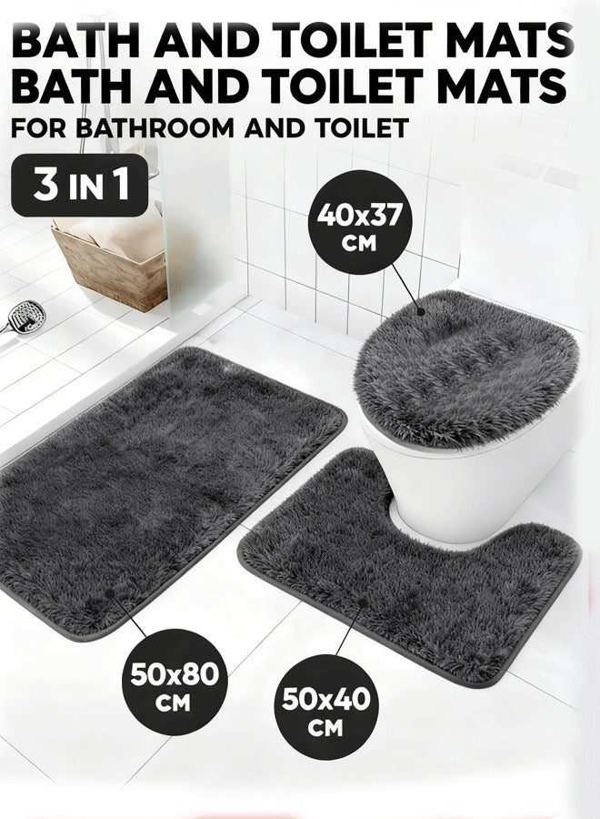 XiuWoo Bathroom Rugs Sets 3 Piece,U-Shaped Toilet Floor Mat +Non Slip Rugs +Toilet Lid Cover Mat Non-Slip Bathroom Shower Mat Toilet Seat Cover Area Floor Rug for Tub Contour Mat and Toilet Lid Cover, Machine Washable, Super Soft Microfiber & Non Slip Bath Rugs with Rubber Backing Solid Grey - Image 1