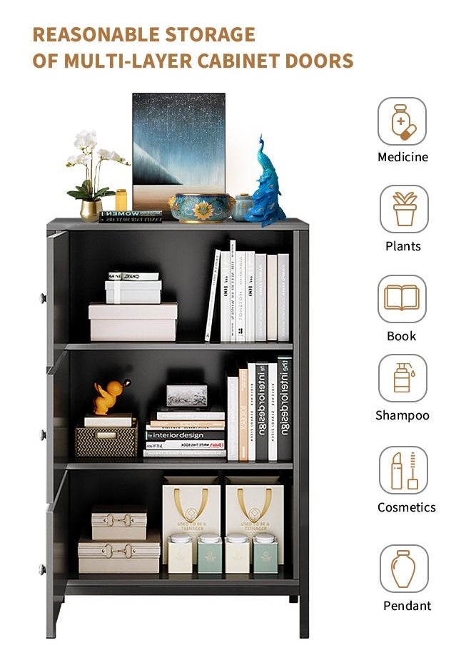 HomarKet - Three Layer Storage Cabinet Freestanding Sideboard with Double Doors Modern Wooden Sideboard Black Side Cabinets for Bedroom Living Room Kitchen Office and Hallway - Image 1