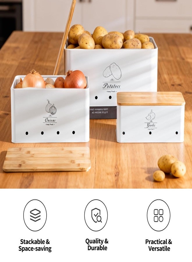 Tenforie Potato Onion and Garlic Storage Bin Set of 3, White Metal Kitchen Vegetable Canisters with Bamboo Lid and Aerating Holes, Stackable Kitchen Storage Tin for Countertop Pantry - Image 5