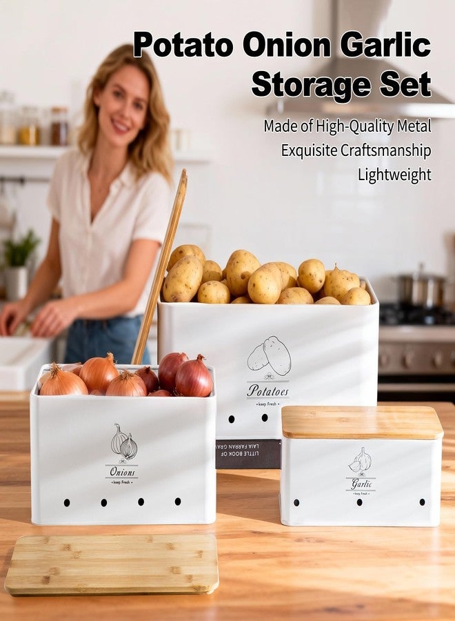 Tenforie Potato Onion and Garlic Storage Bin Set of 3, White Metal Kitchen Vegetable Canisters with Bamboo Lid and Aerating Holes, Stackable Kitchen Storage Tin for Countertop Pantry - Image 3