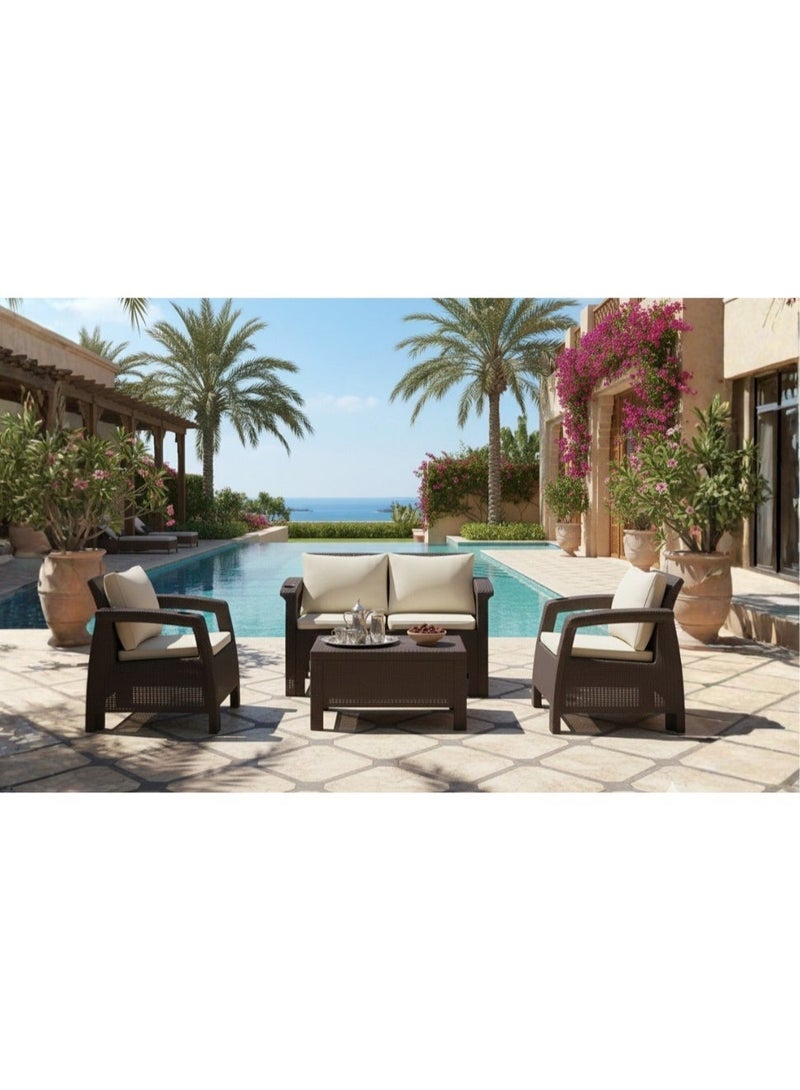 Marcolo 4-Seater Rattan-Style Outdoor Sofa Set – Brown Frame with Beige Cushions, Includes Coffee Table, Modern Patio Furniture - Image 1