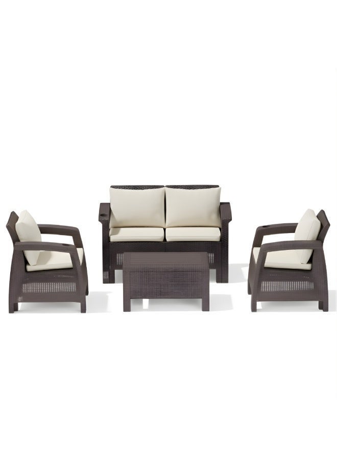 Marcolo 4-Seater Rattan-Style Outdoor Sofa Set – Brown Frame with Beige Cushions, Includes Coffee Table, Modern Patio Furniture - Image 2