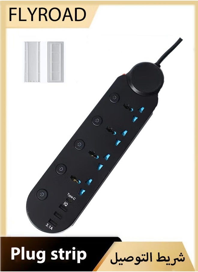 FLYROAD 8 in 1 2m-Universal Power Extension Cord with Surge Protector 4 Power Sockets & 3 USB Ports＆ 1 Type-C Port, 2 Meter Power Strip for House, Office etc., Multi Plug Extension Lead - 2m,Black  - Image 1