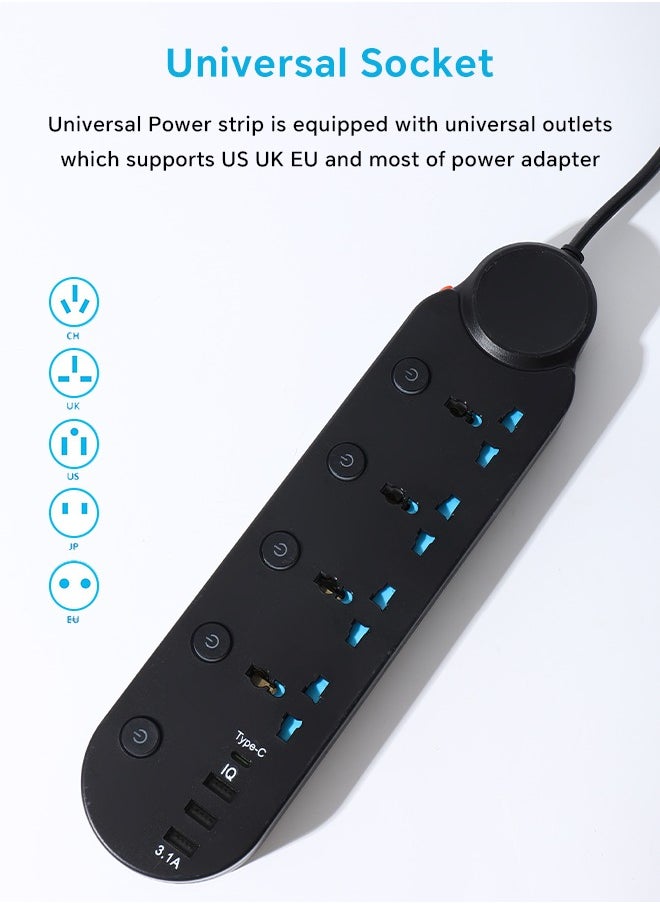 8 in 1 2m-Universal Power Extension Cord with Surge Protector 4 Power Sockets & 3 USB Ports＆ 1 Type-C Port, 2 Meter Power Strip for House, Office etc., Multi Plug Extension Lead - 2m,Black