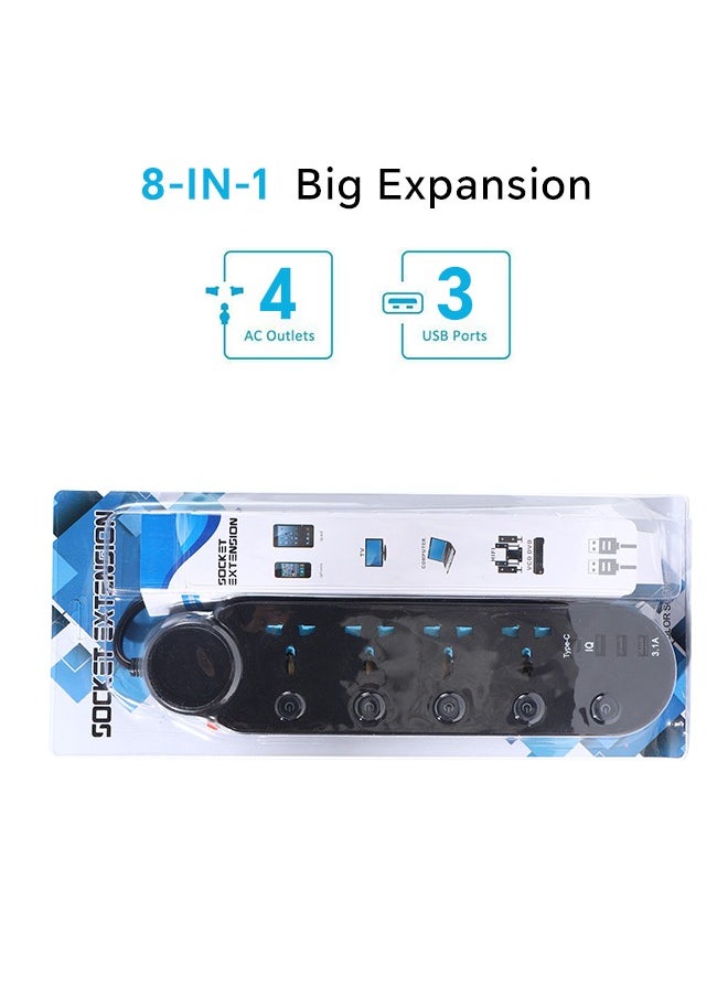 8 in 1 2m-Universal Power Extension Cord with Surge Protector 4 Power Sockets & 3 USB Ports＆ 1 Type-C Port, 2 Meter Power Strip for House, Office etc., Multi Plug Extension Lead - 2m,Black
