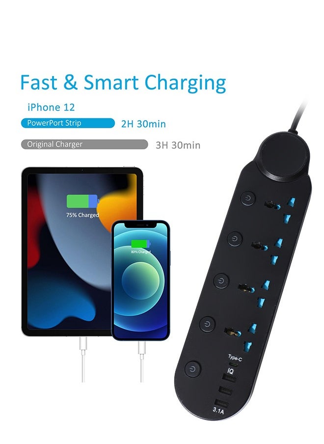 8 in 1 2m-Universal Power Extension Cord with Surge Protector 4 Power Sockets & 3 USB Ports＆ 1 Type-C Port, 2 Meter Power Strip for House, Office etc., Multi Plug Extension Lead - 2m,Black