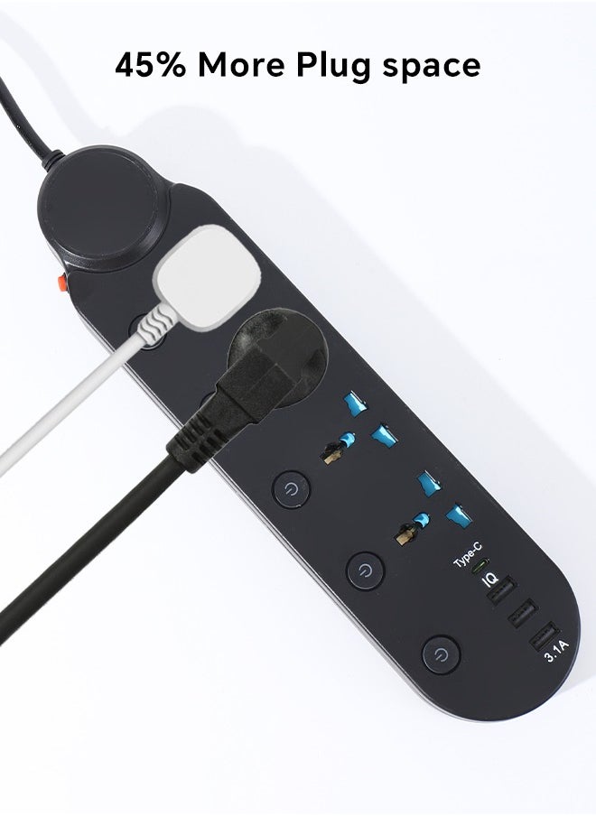 Generic 8 in 1 2m-Universal Power Extension Cord with Surge Protector 4 Power Sockets & 3 USB Ports＆ 1 Type-C Port, 2 Meter Power Strip for House, Office etc., Multi Plug Extension Lead - 2m,Black  - Image 3