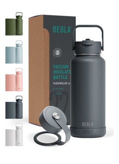 BEOLA 950ml Vacuum Insulated Water Bottle, Double Wall Stainless Steel Thermos Bottle with wide mouth, 2 lids included, Hot Cold Water Flask, Large Sports Bottle with straw lid, 32oz (Lava Gray)  - Image 1