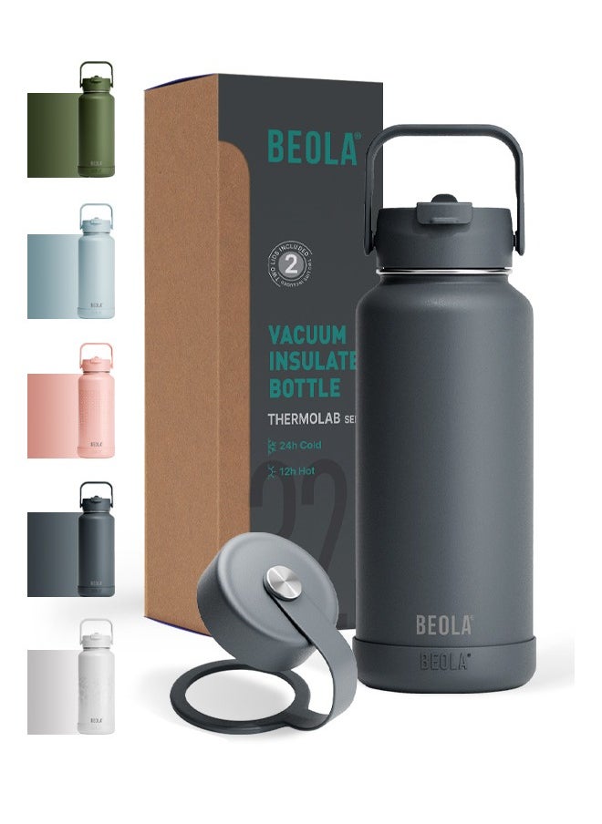 BEOLA 950ml Vacuum Insulated Water Bottle, Double Wall Stainless Steel Thermos Bottle with wide mouth, 2 lids included, Hot Cold Water Flask, Large Sports Bottle with straw lid, 32oz (Lava Gray)  - Image 1