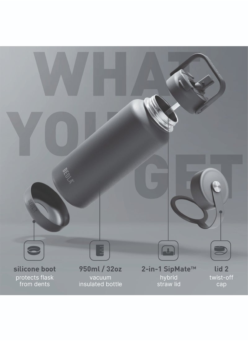 BEOLA 950ml Vacuum Insulated Water Bottle, Double Wall Stainless Steel Thermos Bottle with wide mouth, 2 lids included, Hot Cold Water Flask, Large Sports Bottle with straw lid, 32oz (Lava Gray)  - Image 2