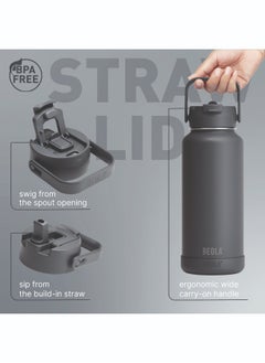 BEOLA 950ml Vacuum Insulated Water Bottle, Double Wall Stainless Steel Thermos Bottle with wide mouth, 2 lids included, Hot Cold Water Flask, Large Sports Bottle with straw lid, 32oz (Lava Gray)  - Image 3