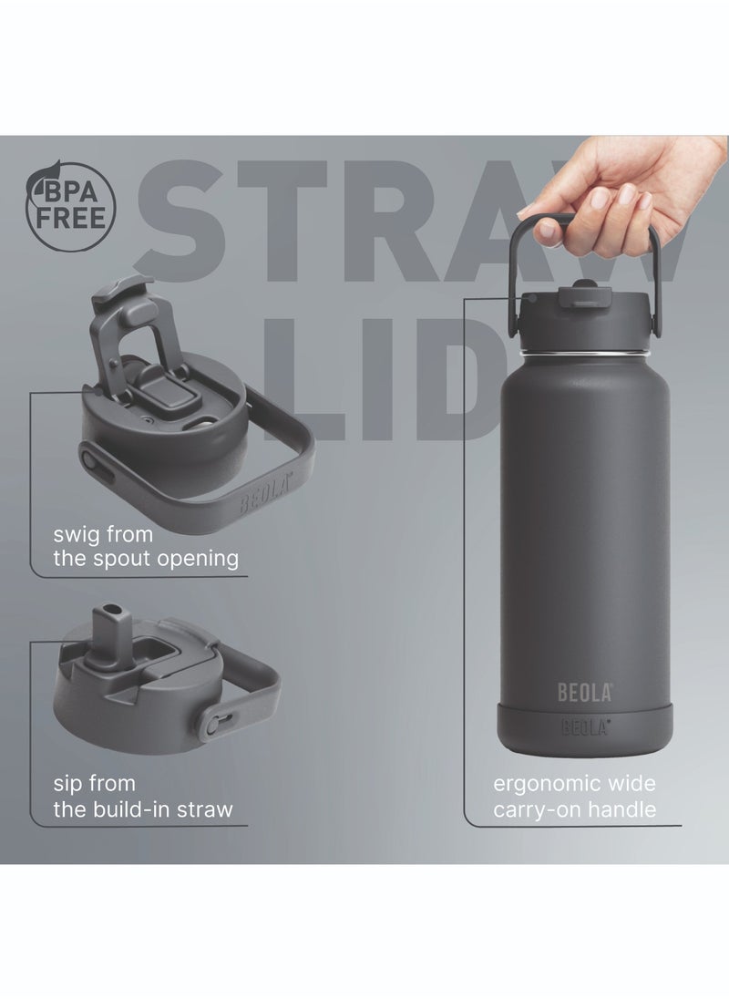 BEOLA 950ml Vacuum Insulated Water Bottle, Double Wall Stainless Steel Thermos Bottle with wide mouth, 2 lids included, Hot Cold Water Flask, Large Sports Bottle with straw lid, 32oz (Lava Gray)  - Image 3