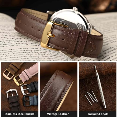WOCCI 20mm Vintage Leather Watch Band for Men and Women, Gold Buckle (Dark Brown) - Image 4