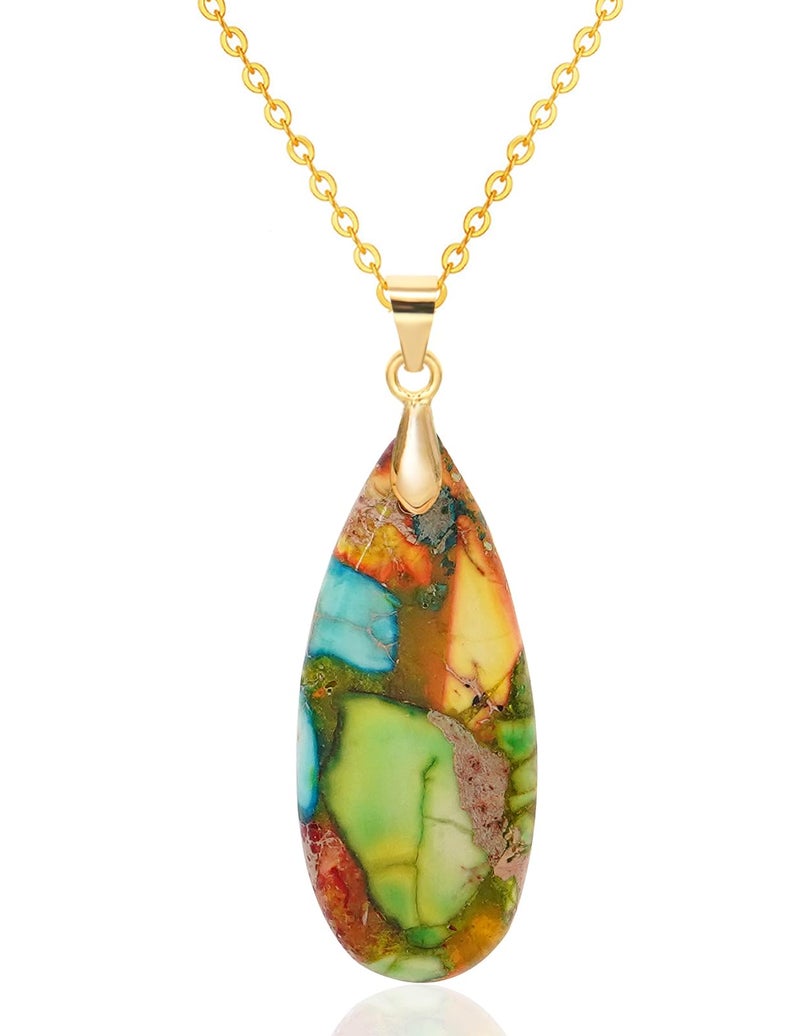 Wovanoo Stone Necklaces for Women Teardrop Gemstone Pendant Necklace 14K Natural Stone Chain Necklaces Colorful Gold - Image 1