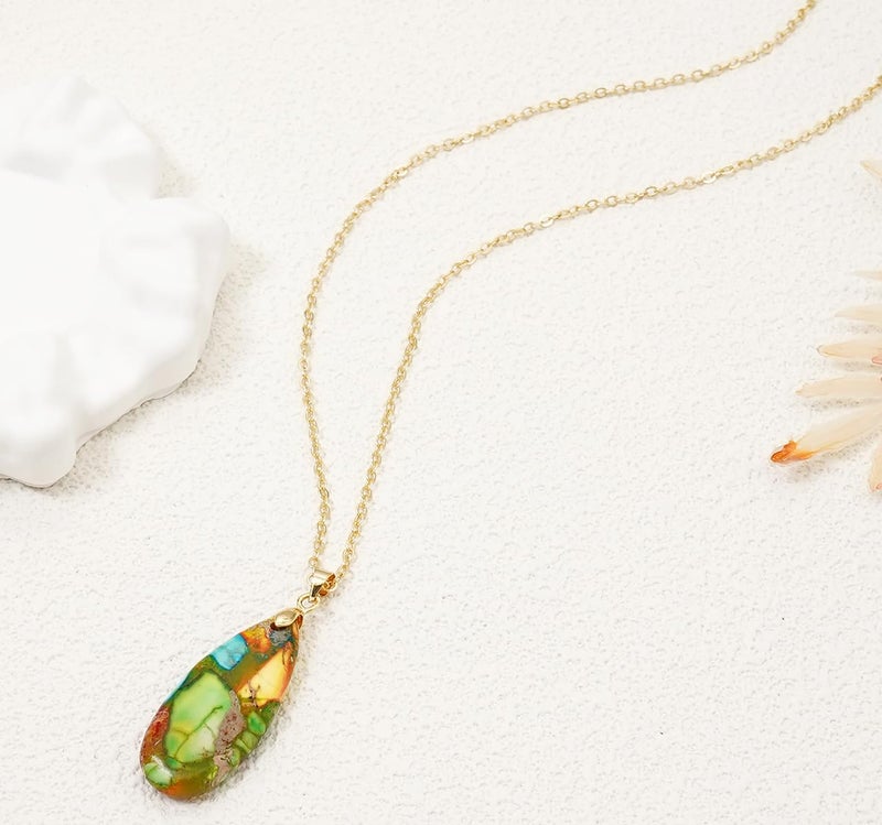 Wovanoo Stone Necklaces for Women Teardrop Gemstone Pendant Necklace 14K Natural Stone Chain Necklaces Colorful Gold - Image 4