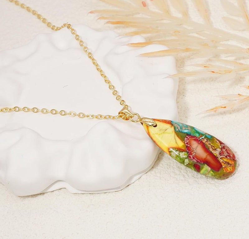 Wovanoo Stone Necklaces for Women Teardrop Gemstone Pendant Necklace 14K Natural Stone Chain Necklaces Colorful Gold - Image 3