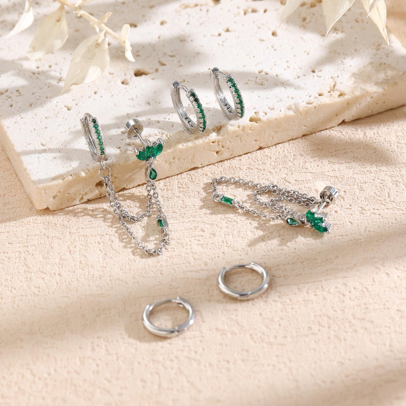 ShineRose 6PCS Earring Stacks Cartilage Chain Helix Piercing Sets For Women Flat Back Multiple Piercing Dangle Huggie Hoop Stackable Jewelry (Green, Silver) - Image 3