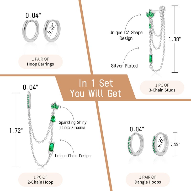 ShineRose 6PCS Earring Stacks Cartilage Chain Helix Piercing Sets For Women Flat Back Multiple Piercing Dangle Huggie Hoop Stackable Jewelry (Green, Silver) - Image 2