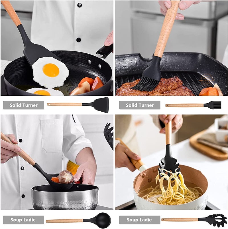 Windfromort Kitchen Utensil Set Cooking Spoon Silicone 12 Pieces Kitchen Utensils Set BPAFree FDA HeatResistant Wooden Handles Cooking Tool Silicone Turner Spatula Spoon for NonStick Cookware - Image 3