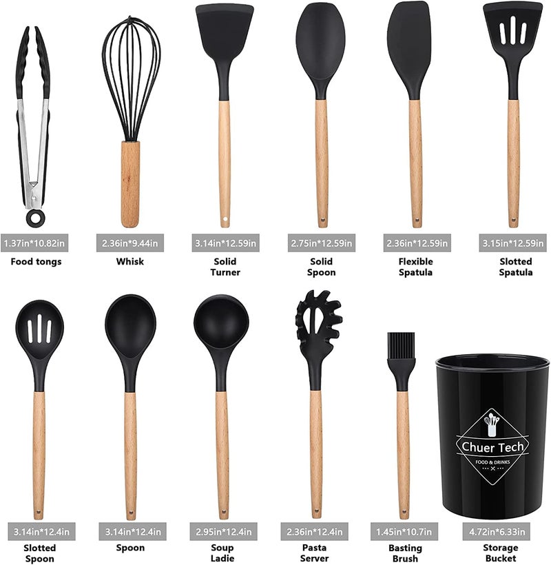 Windfromort Kitchen Utensil Set Cooking Spoon Silicone 12 Pieces Kitchen Utensils Set BPAFree FDA HeatResistant Wooden Handles Cooking Tool Silicone Turner Spatula Spoon for NonStick Cookware - Image 2