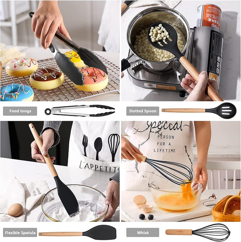 Windfromort Kitchen Utensil Set Cooking Spoon Silicone 12 Pieces Kitchen Utensils Set BPAFree FDA HeatResistant Wooden Handles Cooking Tool Silicone Turner Spatula Spoon for NonStick Cookware - Image 4