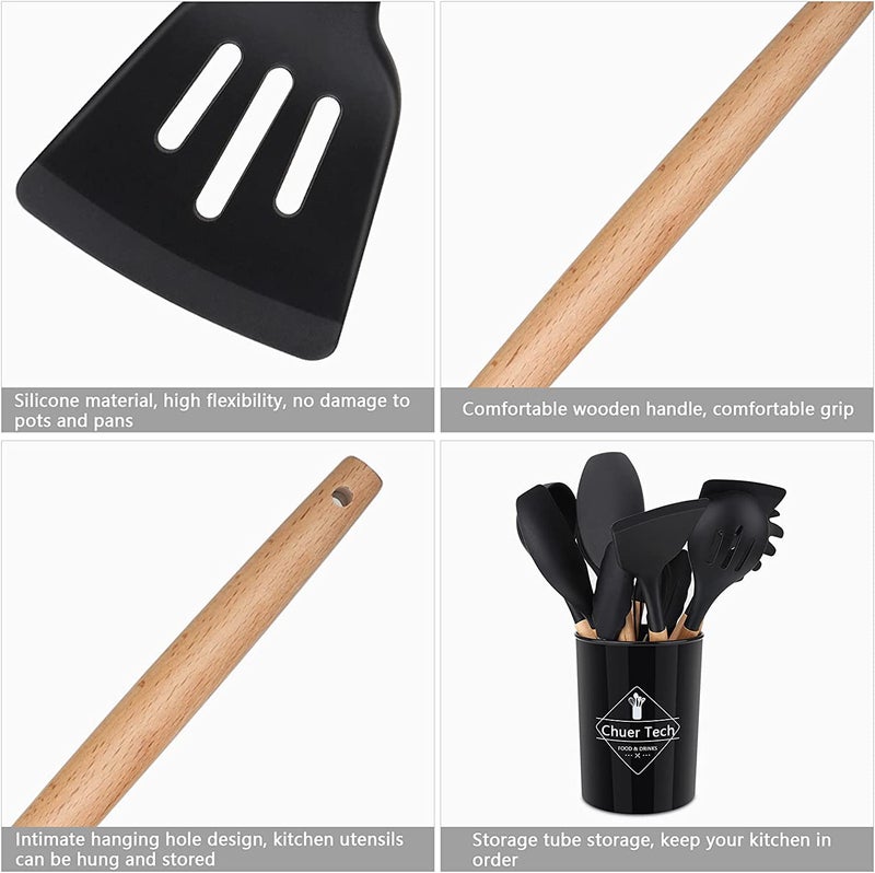 Windfromort Kitchen Utensil Set Cooking Spoon Silicone 12 Pieces Kitchen Utensils Set BPAFree FDA HeatResistant Wooden Handles Cooking Tool Silicone Turner Spatula Spoon for NonStick Cookware - Image 5