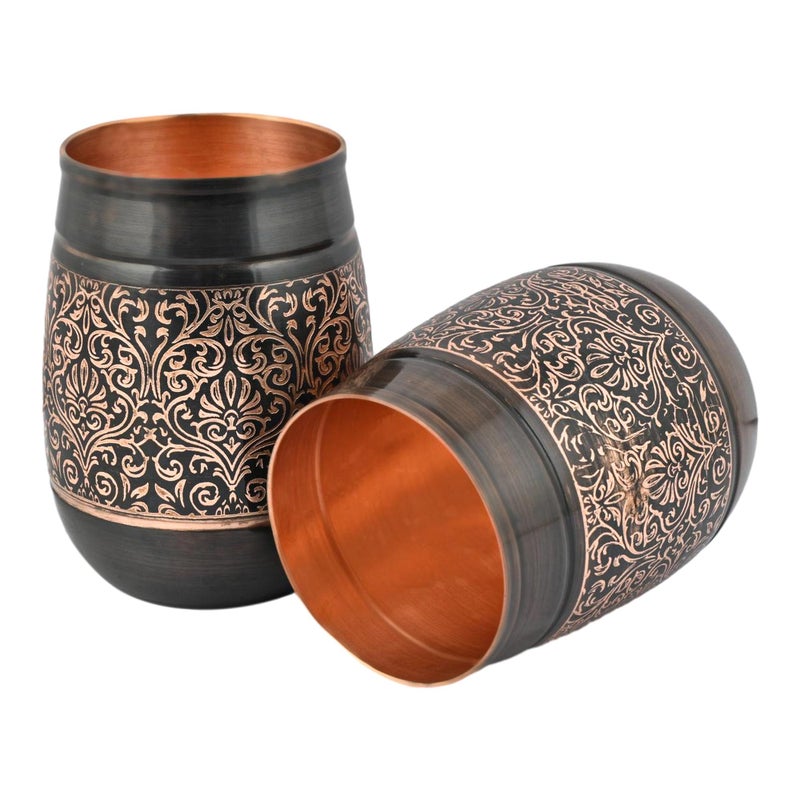 HealthGoodsIn Copper Tumbler Set of 2, Floral Pattern, 250 Ml (8.45 US Fluid Ounce) Capacity For Ayurveda Health Benefits (Straight) - Image 2