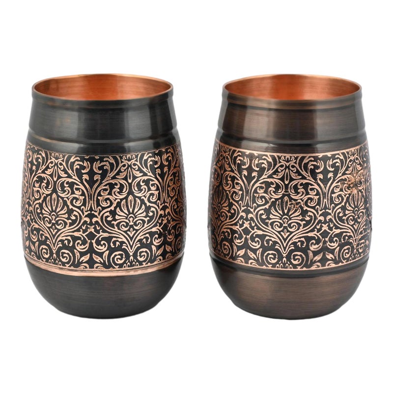 HealthGoodsIn Copper Tumbler Set of 2, Floral Pattern, 250 Ml (8.45 US Fluid Ounce) Capacity For Ayurveda Health Benefits (Straight) - Image 1