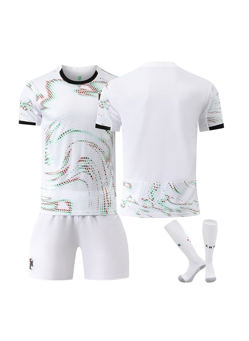 A new football jersey is made of fabric that is breathable, quick-drying, soft and has good elasticity, It consists of a 3-piece set of a top, trousers, socks , and is specially designed for football and sports enthusiasts