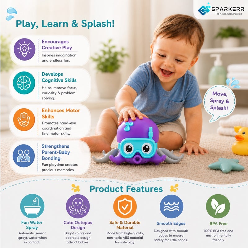 SPARKERR Baby Bathtub toy, Cute crawling Octopus toy for small toddlers baby boy girl, Preschool educational shower toy, Early learning creative toy for kids, Water pool toy for children - Image 3