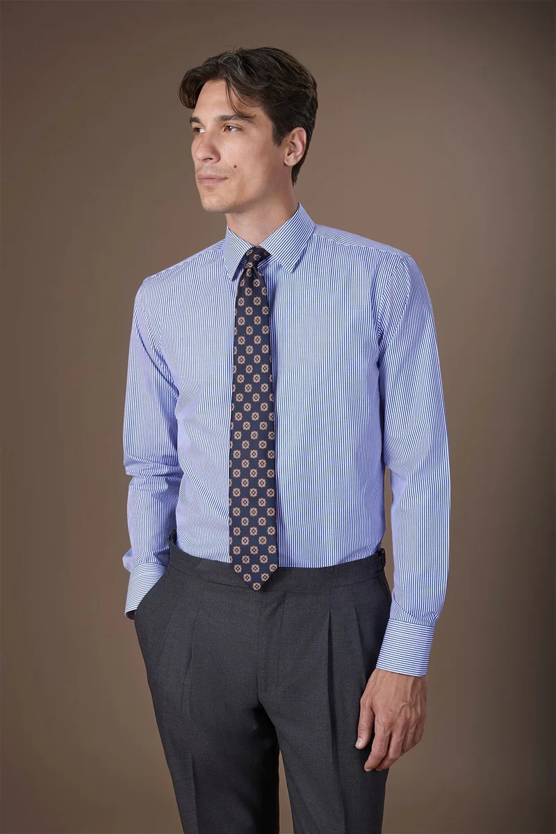 Men's shirt with classic collar in 100% striped cotton - White/Blue