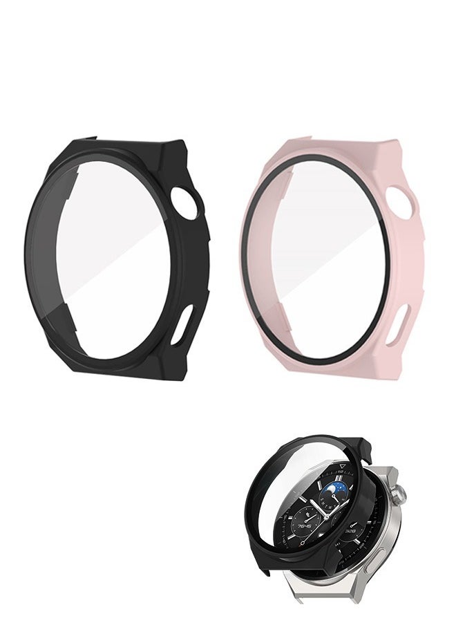 Generic 2 Pcs Ultra Thin Fit Cover Case Huawei GT3 Pro 46mm, 360° All Round Protective Anti Scratch Shockproof Hard PC Cover, Tempered Glass Screen Protector Shell (Black+Pink)  - Image 1