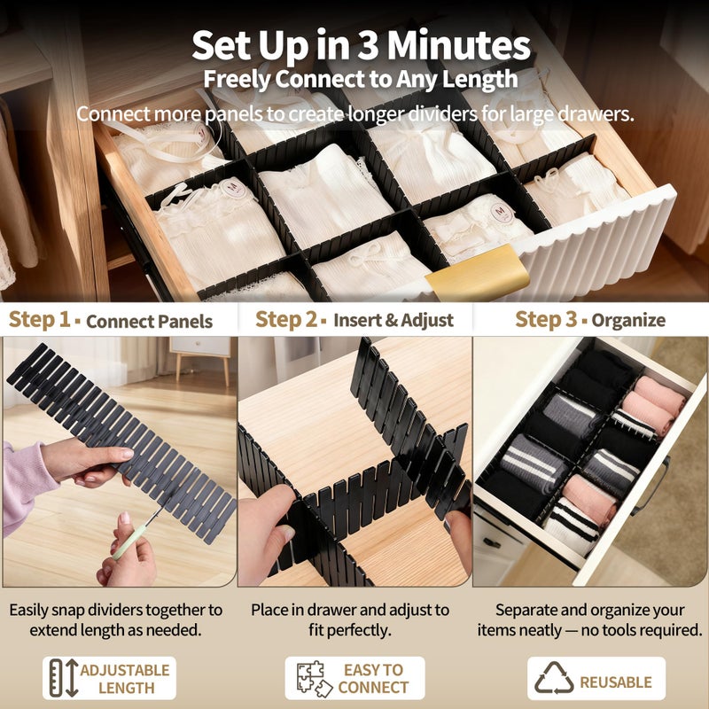 Bofoho Drawer Divider Adjustable Diy Storage Organizer Separator for Tidying Clutter Cutlery Makeup Clothes of Dresses, Desk & Box in Kitchen Bathroom Bedroom Office (Cut at Will) (Black 8pcs) - Image 4