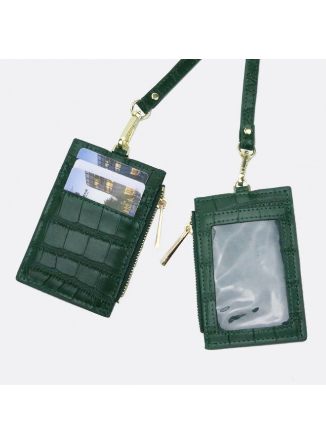 xozgdovg New Fashionable Crocodile Pattern Halter Neck Genuine Leather ID Card Holder Portable Business Card Holder Cross-Border Goods Dark green (with zipper) 