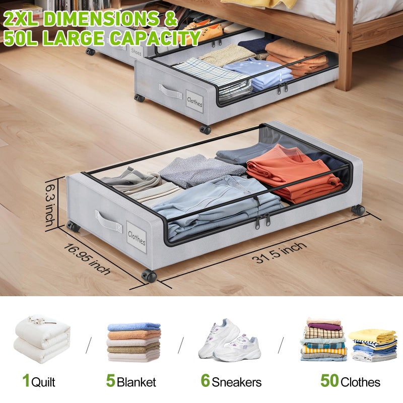 Molutsody Under Bed Storage with Wheels, 4-Pack Underbed Storage Containers with Clear Lids, Under Bed Shoe Storage Organizer, Rolling Under Bed Storage for Clothes Shoes Blankets (Grey) - Image 2