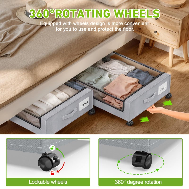 Molutsody Under Bed Storage with Wheels, 4-Pack Underbed Storage Containers with Clear Lids, Under Bed Shoe Storage Organizer, Rolling Under Bed Storage for Clothes Shoes Blankets (Grey) - Image 3