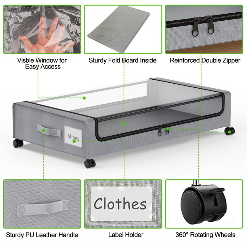 Molutsody Under Bed Storage with Wheels, 4-Pack Underbed Storage Containers with Clear Lids, Under Bed Shoe Storage Organizer, Rolling Under Bed Storage for Clothes Shoes Blankets (Grey) - Image 4