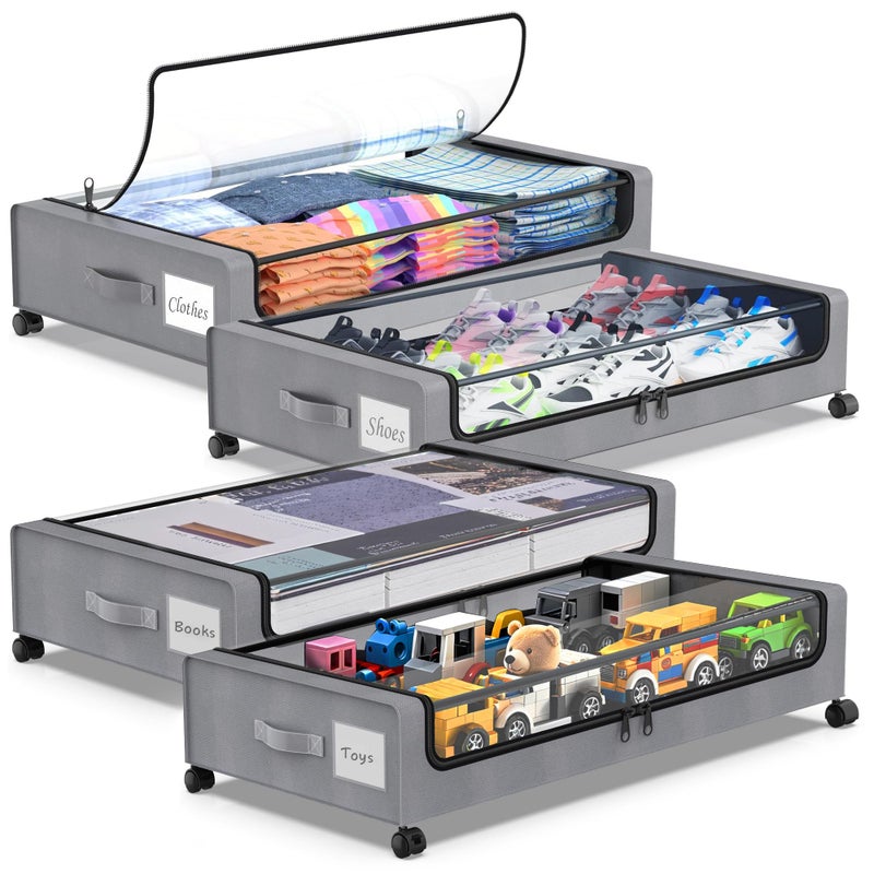 Molutsody Under Bed Storage with Wheels, 4-Pack Underbed Storage Containers with Clear Lids, Under Bed Shoe Storage Organizer, Rolling Under Bed Storage for Clothes Shoes Blankets (Grey) - Image 1
