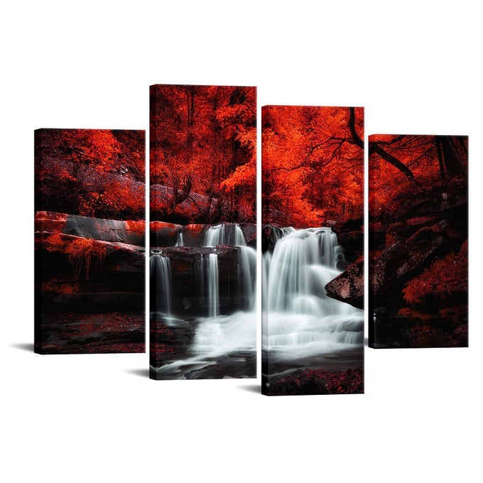BLACK WHITE AND RED WALL ART 4 PIECES RED TREE FOREST WATERFALL PICTURE CANVAS PRINT AUTUMN LANDSCAPE PAINTINGS FRAMED FOR OFFICE HOME LIVING ROOM DECOR READY TO HANG