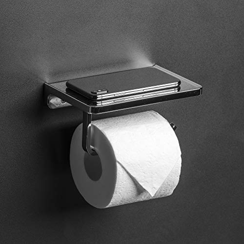 Linkaa Toilet Paper Holder with Shelf Polished Chrome,Bathroom Accessories Wall Mount Phone Holder,Heavy Duty Zinc Alloy Tissue Paper Roll Holder Cell Phone Storage Shelf (Polished Chrome) - Image 2