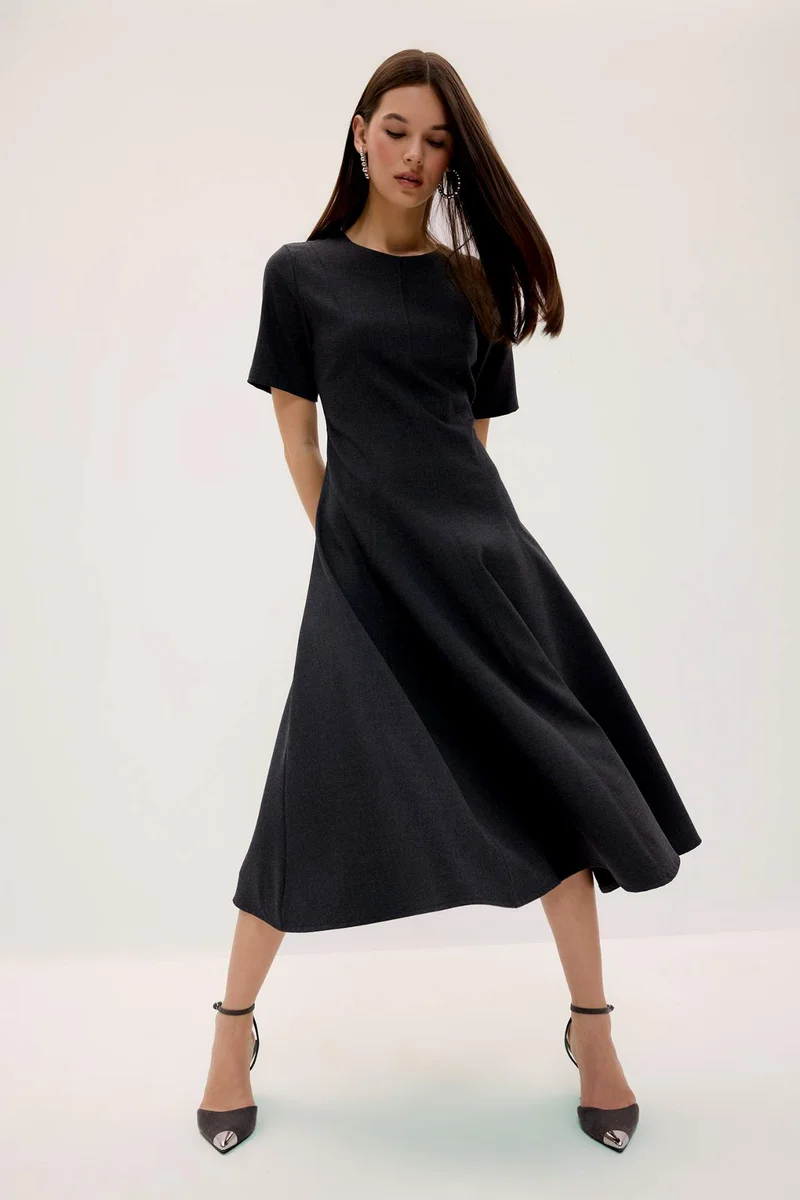 ديفاكتو Crew Neck Basic Plain Short Sleeve Midi Dress