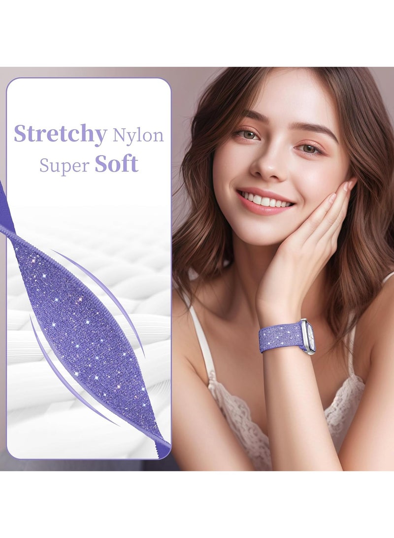 Nylon Band Compatible with Apple Watch Band 42mm 44mm 45mm 46mm 49mm for Women, Sparkly Elastic Solo Loop Bands for iWatch Series 10/9/8/7/6/5/Ultra/Ultra 2 (Light Purple) - Image 3