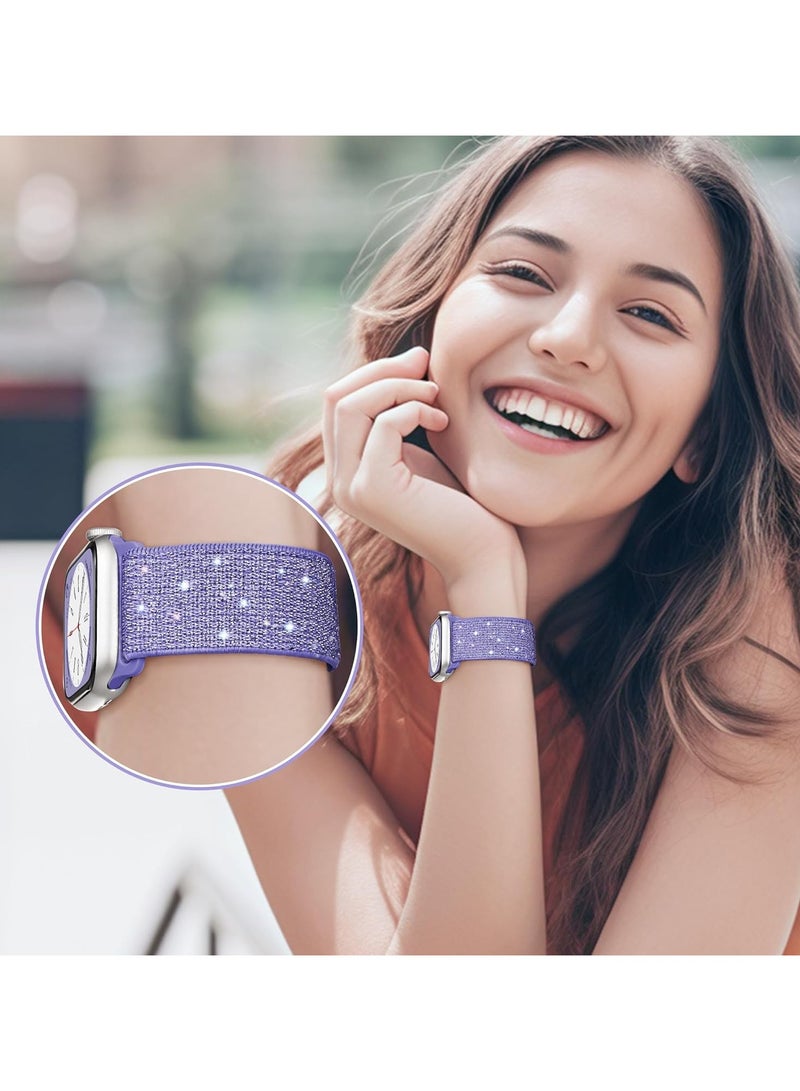 Nylon Band Compatible with Apple Watch Band 42mm 44mm 45mm 46mm 49mm for Women, Sparkly Elastic Solo Loop Bands for iWatch Series 10/9/8/7/6/5/Ultra/Ultra 2 (Light Purple) - Image 2