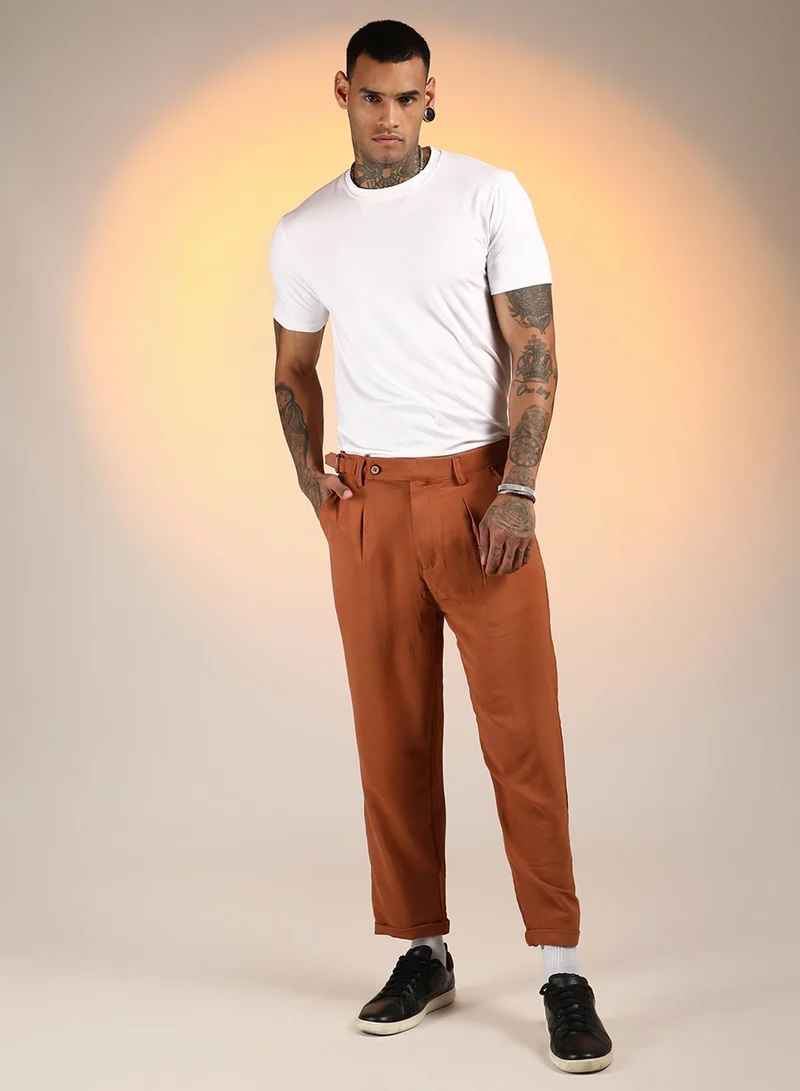 CAHOOT  Men's Sienna Brown Cuffed Pleated Trousers for Men | Best Price UAE