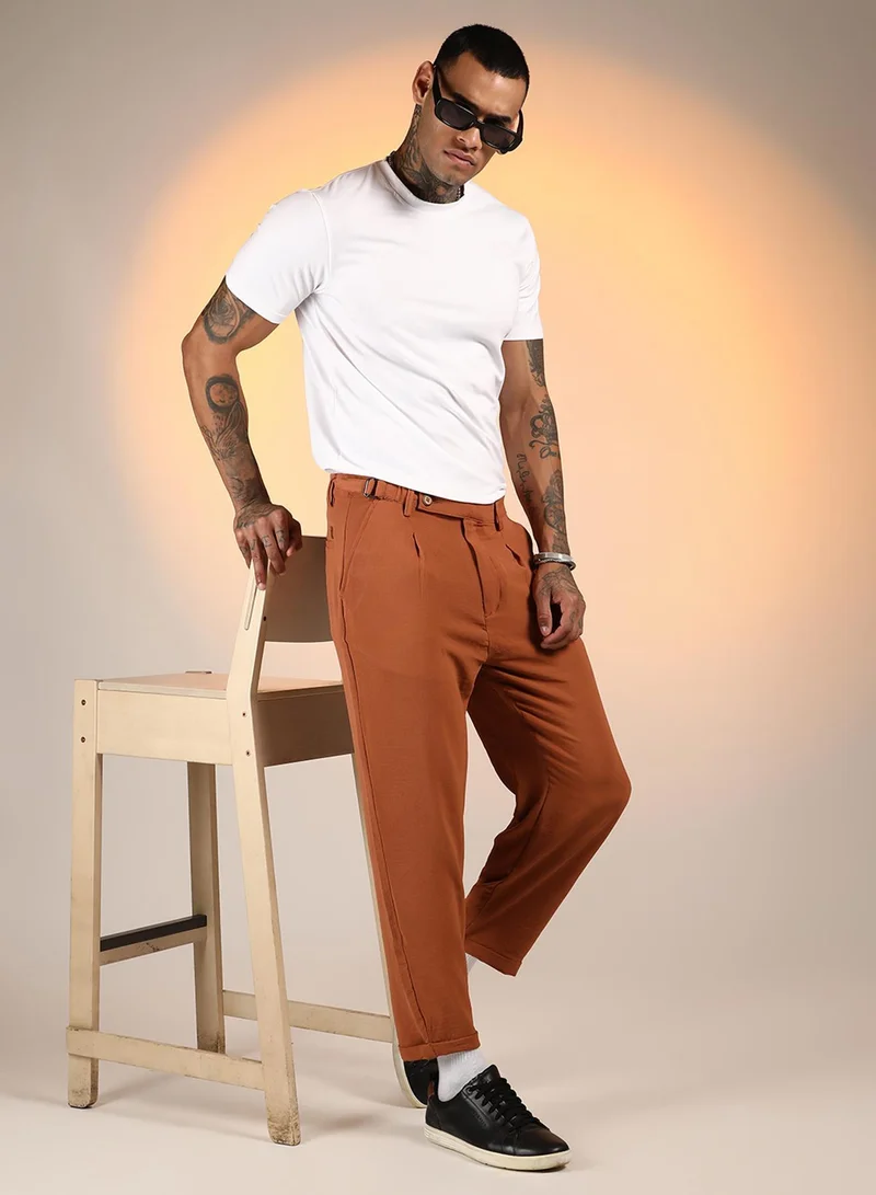 CAHOOT  Men's Sienna Brown Cuffed Pleated Trousers for Men | Best Price UAE